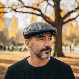 Vintage Sima Int Ivy Flat Driving Cap Unisex Black Leather Snap Front Hat